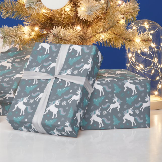 Winter Unicorns Dark Gray Pattern Wrapping Paper (Holidays)