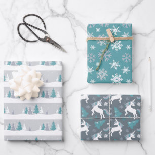 Winter Unicorns, Trees and Snowflakes Wrapping Paper Sheets