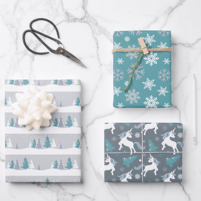 Winter Unicorns, Trees and Snowflakes Wrapping Paper Sheets (Front)