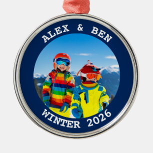 Winter Vacation Family Photo Navy Metal Ornament