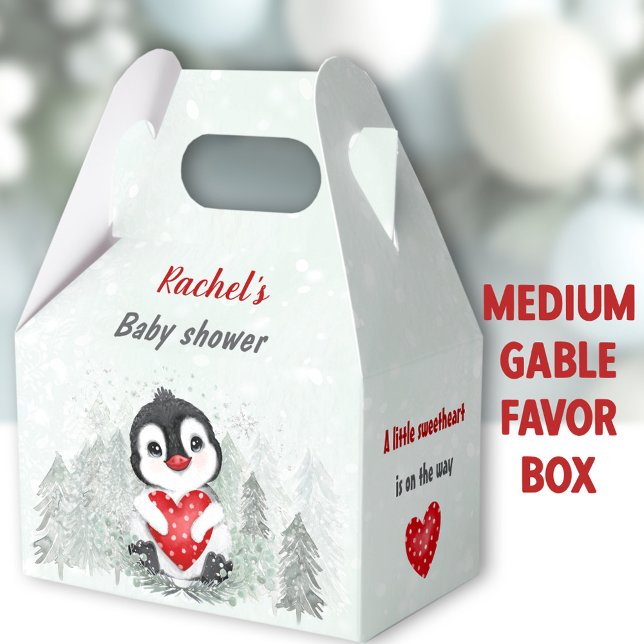 Winter Valentines Penguin Boy Baby Shower Medium Favor Boxes (Penguin Boy Medium Gable Favor Boxes - You can choose from 3 sizes of these gable favor boxes )