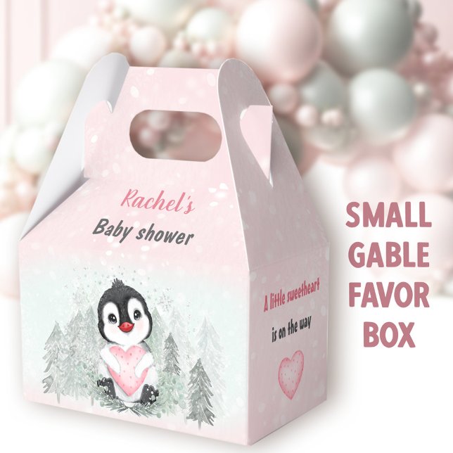 Winter Valentines Penguin Girl Baby Shower Favor Boxes (Penguin Girl Small Gable Favor Boxes - You can choose from 3 sizes of these gable favor boxes )