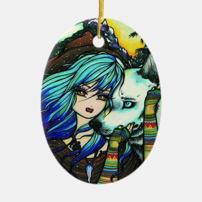 Winter Vampire Wolf Snow Girl Art by Hannah Lynn Ceramic Ornament (Front)