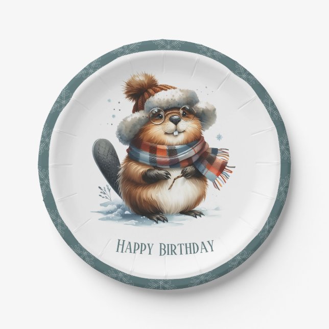 Winter Vibes Beaver - Birthday Paper Plates (Front)