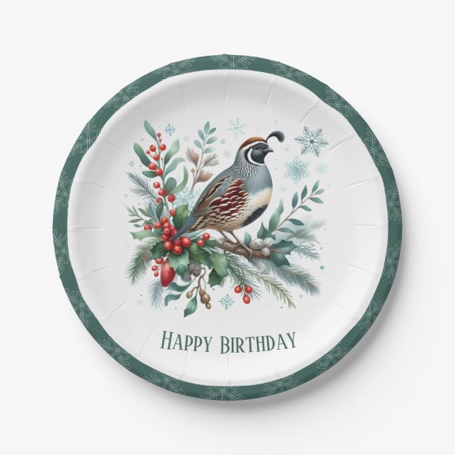 Winter Vibes California Quail - Birthday Paper Plates (Front)