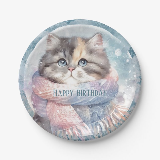 Winter Vibes Cat with a Scarf Birthday Paper Plates (Front)