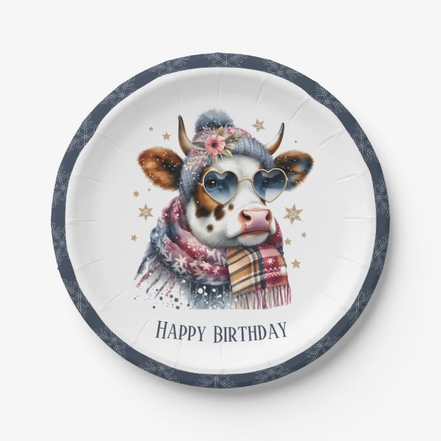 Winter Vibes Cow - Birthday Paper Plates (Front)