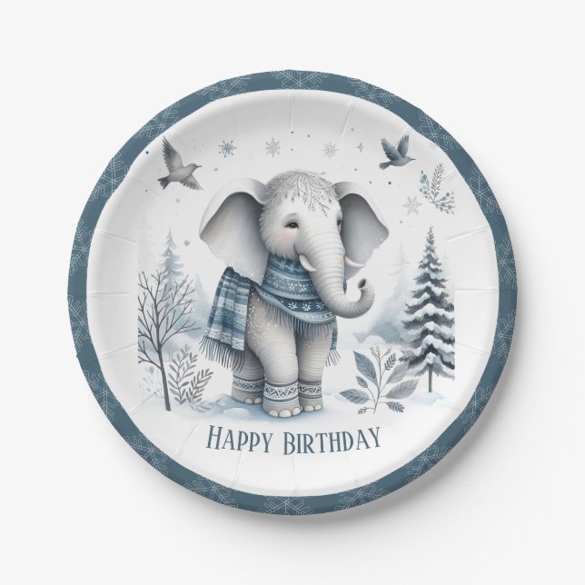 Winter Vibes Elephant - Birthday Paper Plates (Front)