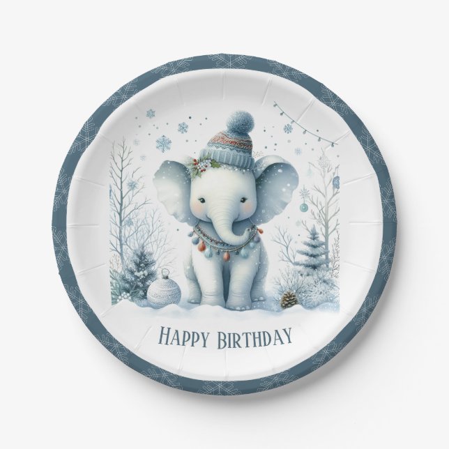 Winter Vibes Elephant - Birthday Paper Plates (Front)