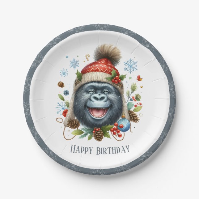 Winter Vibes Gorilla - Birthday Paper Plates (Front)