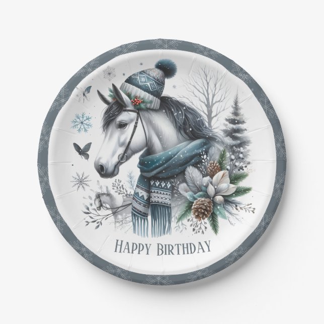 Winter Vibes Horse - Birthday Paper Plates (Front)