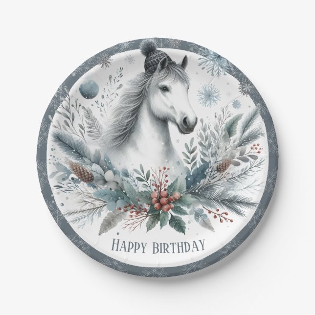 Winter Vibes Horse - Birthday Paper Plates (Front)