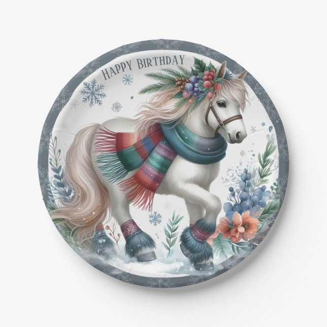 Winter Vibes Horse - Birthday Paper Plates (Front)