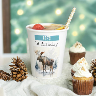 Winter vibes Moose - 1st birthday - Paper Cups