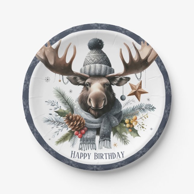 Winter Vibes Moose - Birthday Paper Plates (Front)