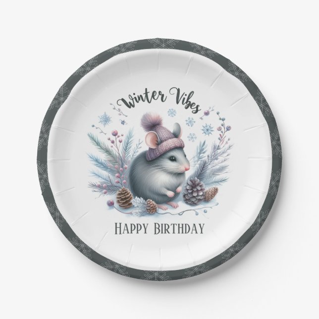 Winter Vibes Mouse - Birthday Paper Plates (Front)