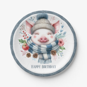 Winter Vibes Pig Scarf and Hat - Birthday Paper Plates