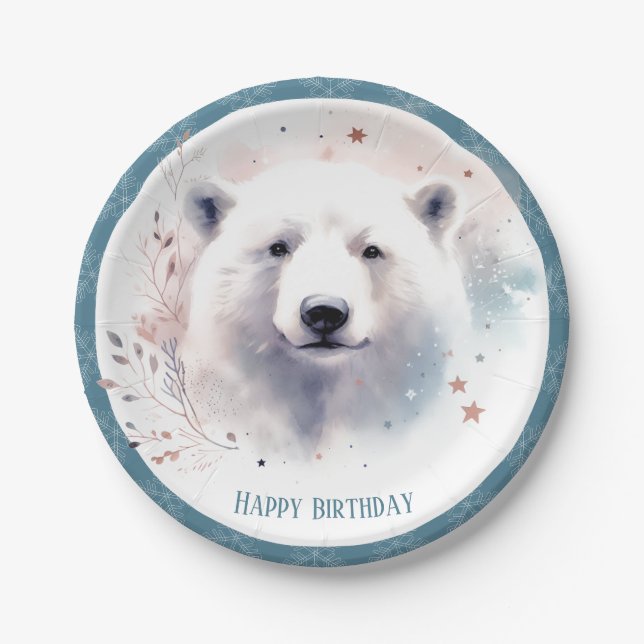 Winter Vibes Polar Bear Birthday Paper Plates (Front)
