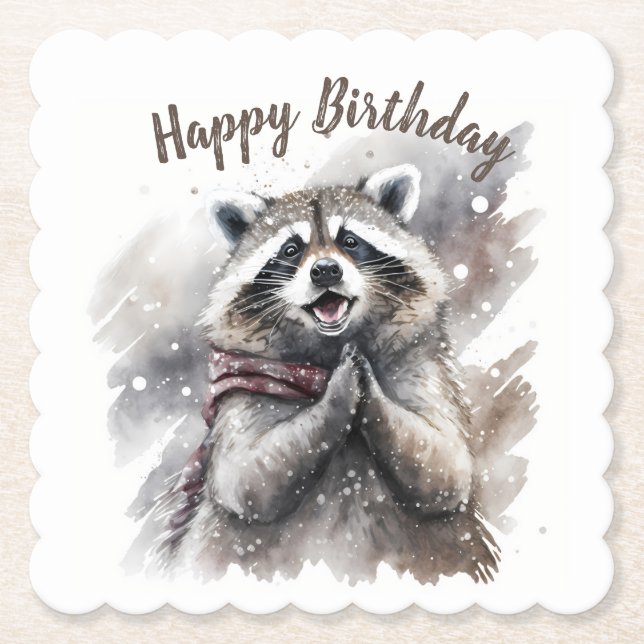 Winter vibes Raccoon -  Birthday Party - Paper Coaster (Front)
