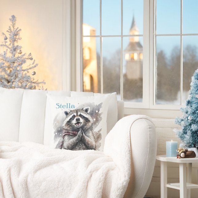Winter Vibes Raccoon - Personalized   Throw Pillow (Creator Uploaded)