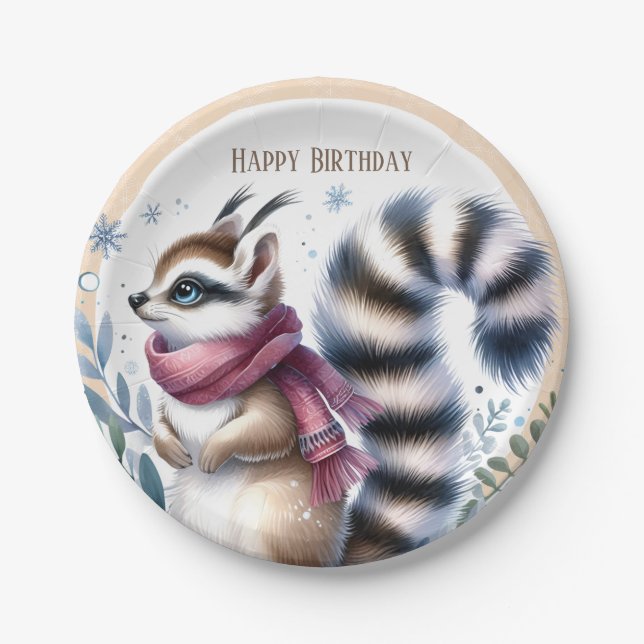 Winter Vibes Ringtail - Birthday Paper Plates (Front)