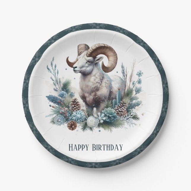Winter Vibes Rocky Mountain Bighorn Sheep Birthday Paper Plates (Front)