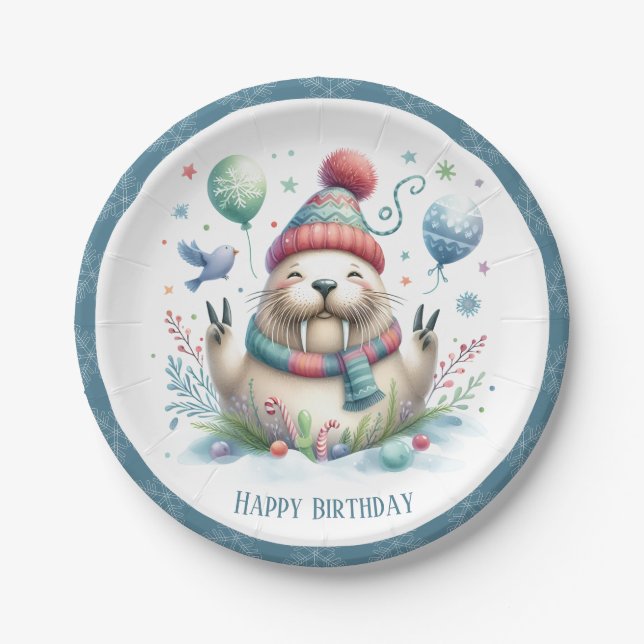 Winter Vibes Snowflakes Walrus Birthday Paper Plates (Front)