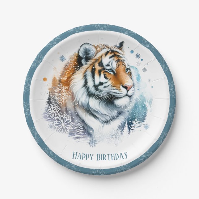 Winter Vibes Snowy Landscape Tiger Birthday Paper Plates (Front)