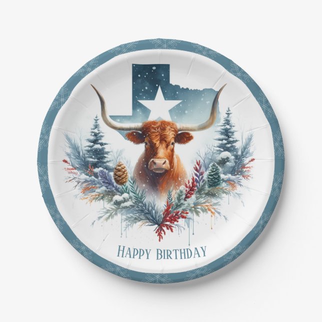 Winter Vibes Texas Longhorn Birthday Paper Plates (Front)