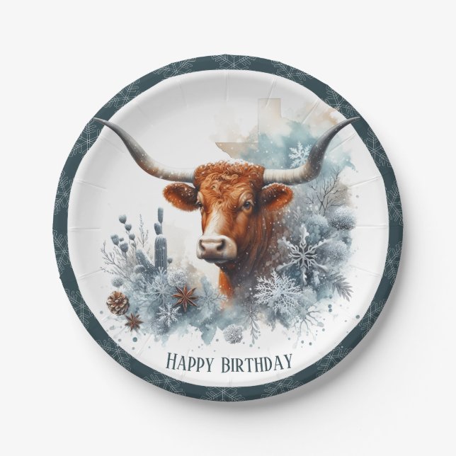 Winter Vibes Texas Longhorn Birthday Paper Plates (Front)