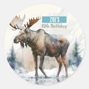 Winter Vibes Watercolor Moose - Birthday Party - Classic Round Sticker