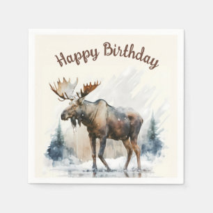 Winter vibes Watercolor Moose - Birthday Party - Napkins