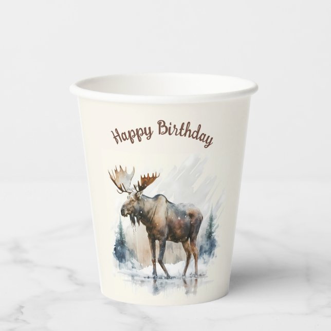Winter vibes Watercolor Moose -  Birthday Party - Paper Cups (Front)