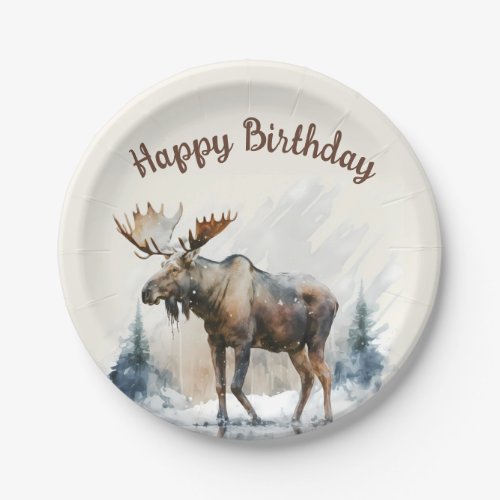 Winter vibes Watercolor Moose _  Birthday Party _ Paper Plates