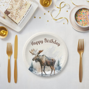 Winter vibes Watercolor Moose - Birthday Party - Paper Plates