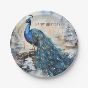 Winter Vibes Watercolor Peacock - Birthday Paper Plates