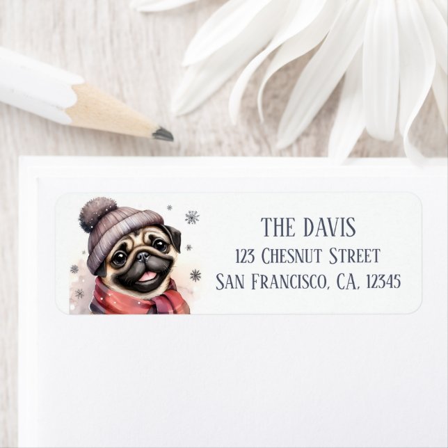 Winter Vibes Watercolor Pug - Return Address  Label (Insitu)