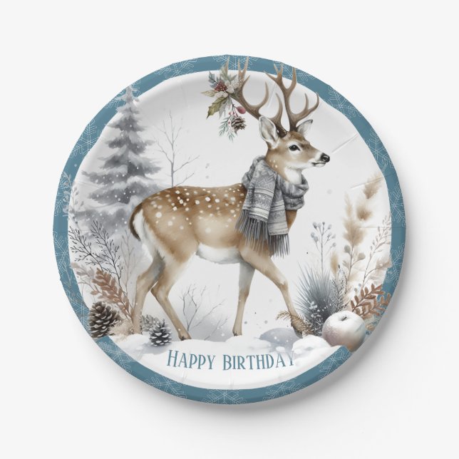 Winter Vibes White Tailed Deer Birthday Paper Plates (Front)