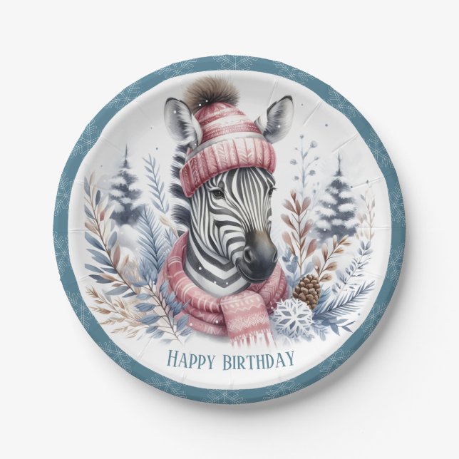 Winter Vibes Zebra Birthday Paper Plates (Front)