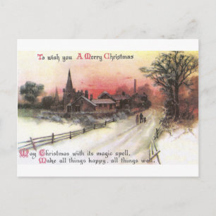 Winter Village at Sunset Vintage Christmas Holiday Postcard