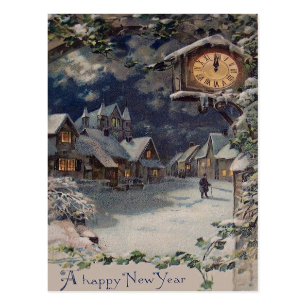 Winter Village Clock New Year Postcard