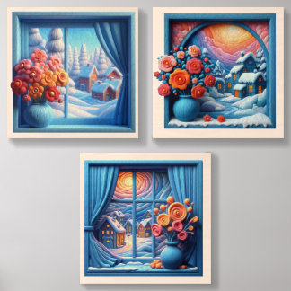 Winter Village Flowers Wood Photo Tile