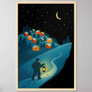 Winter Village Lantern Walk Night Scene Matte Post Framed Art