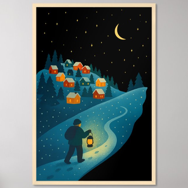 Winter Village Lantern Walk Night Scene Matte Post Framed Art (Framed Front)