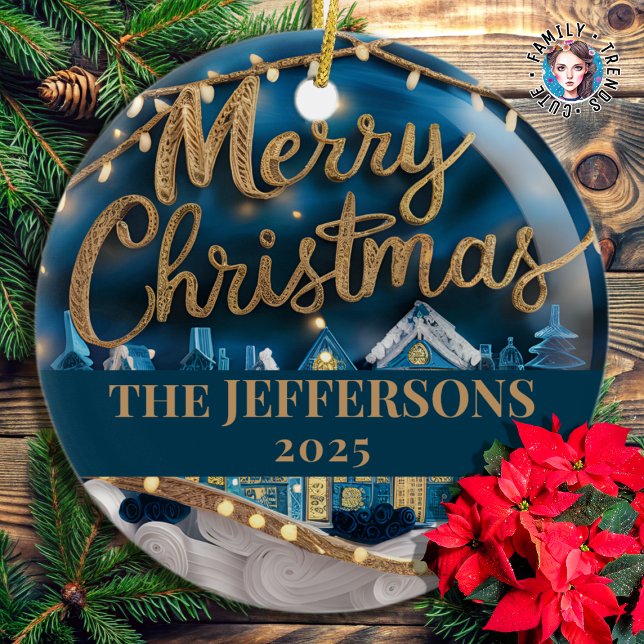 Winter Village Merry Christmas Custom Family Name Ceramic Ornament (Creator Uploaded)