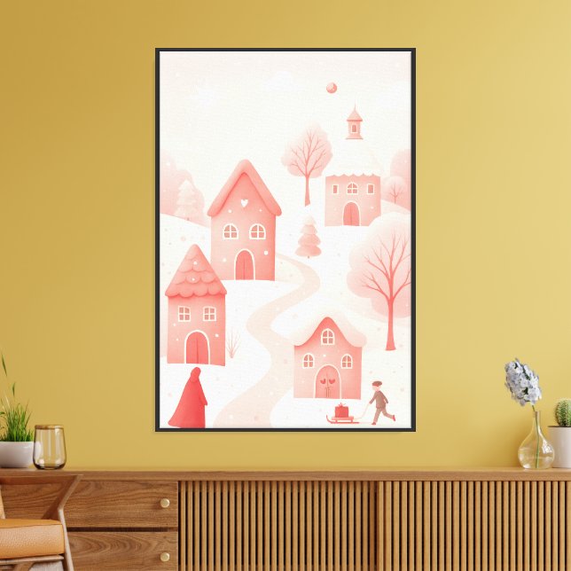 Winter Village – Pastel Snow Scene with Gifts Art Canvas Print (Insitu(LivingRoom))