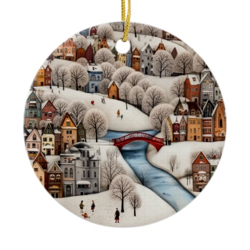 Winter Village Scene Cozy Snowy Town  Ceramic Ornament