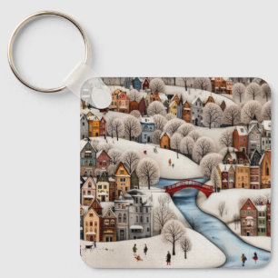 Winter Village Scene Cozy Snowy Town Keychain