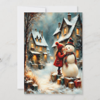 Winter village scene with girl and snowman invitation