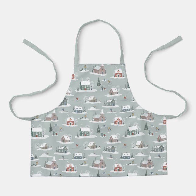 Winter Village Snow Scene Pattern Apron (Front)